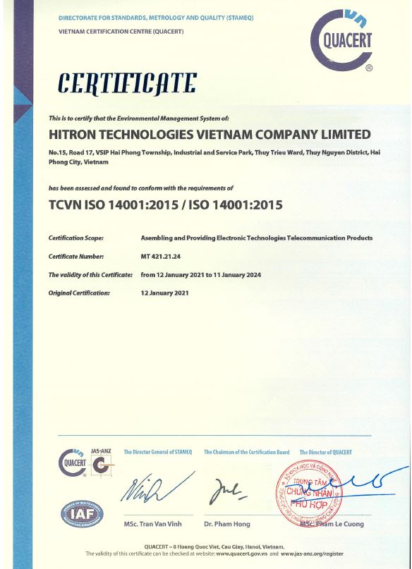 Hitron Vietnam ISO Certification